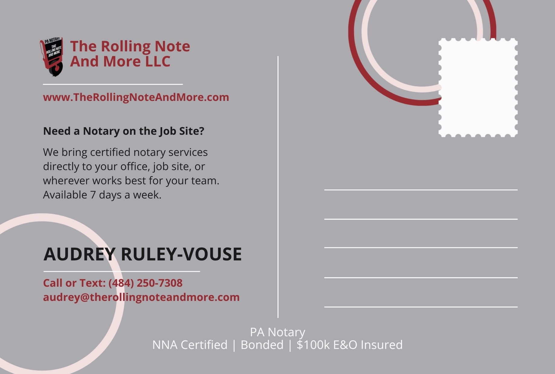 The Rolling Note postcard side two